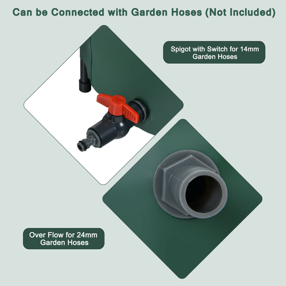 Close-up of the spigot and overflow connection on the 53 Gallon portable rain barrel for garden hose attachment.