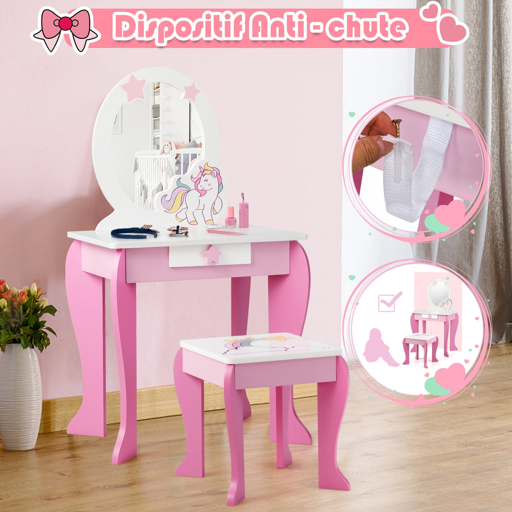 Kids wooden makeup dressing table set in pink with mirror, drawer, and anti-toppling device for safe use.