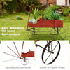 Wooden wagon plant bed in red with two planting sections and four wheels for easy movement in the garden or patio.