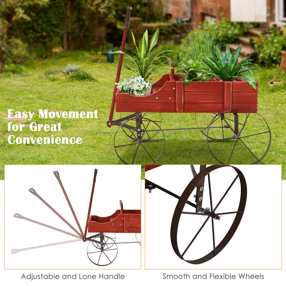 Wooden wagon plant bed in red with two planting sections and four wheels for easy movement in the garden or patio.