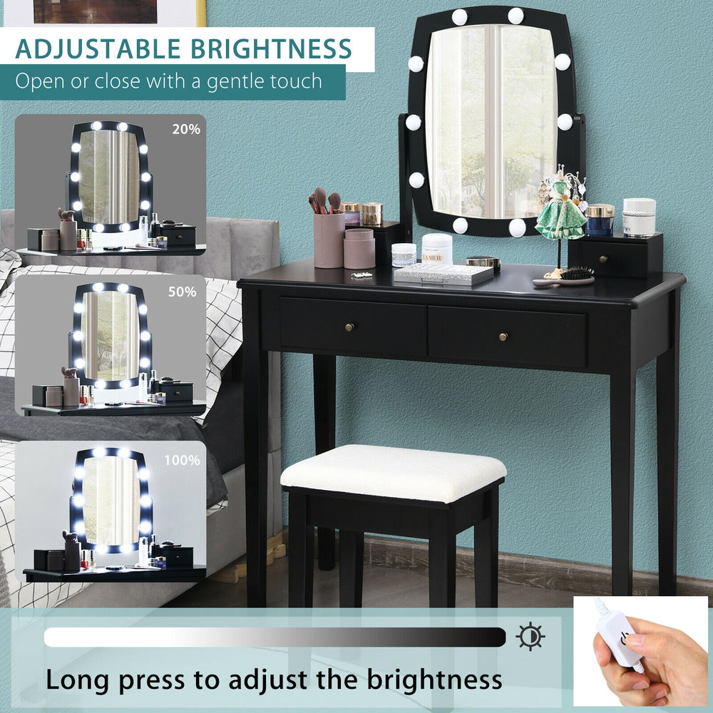 Vanity table set with lighted mirror, featuring 10 dimmable bulbs and ample storage, perfect for bedrooms and dressing.