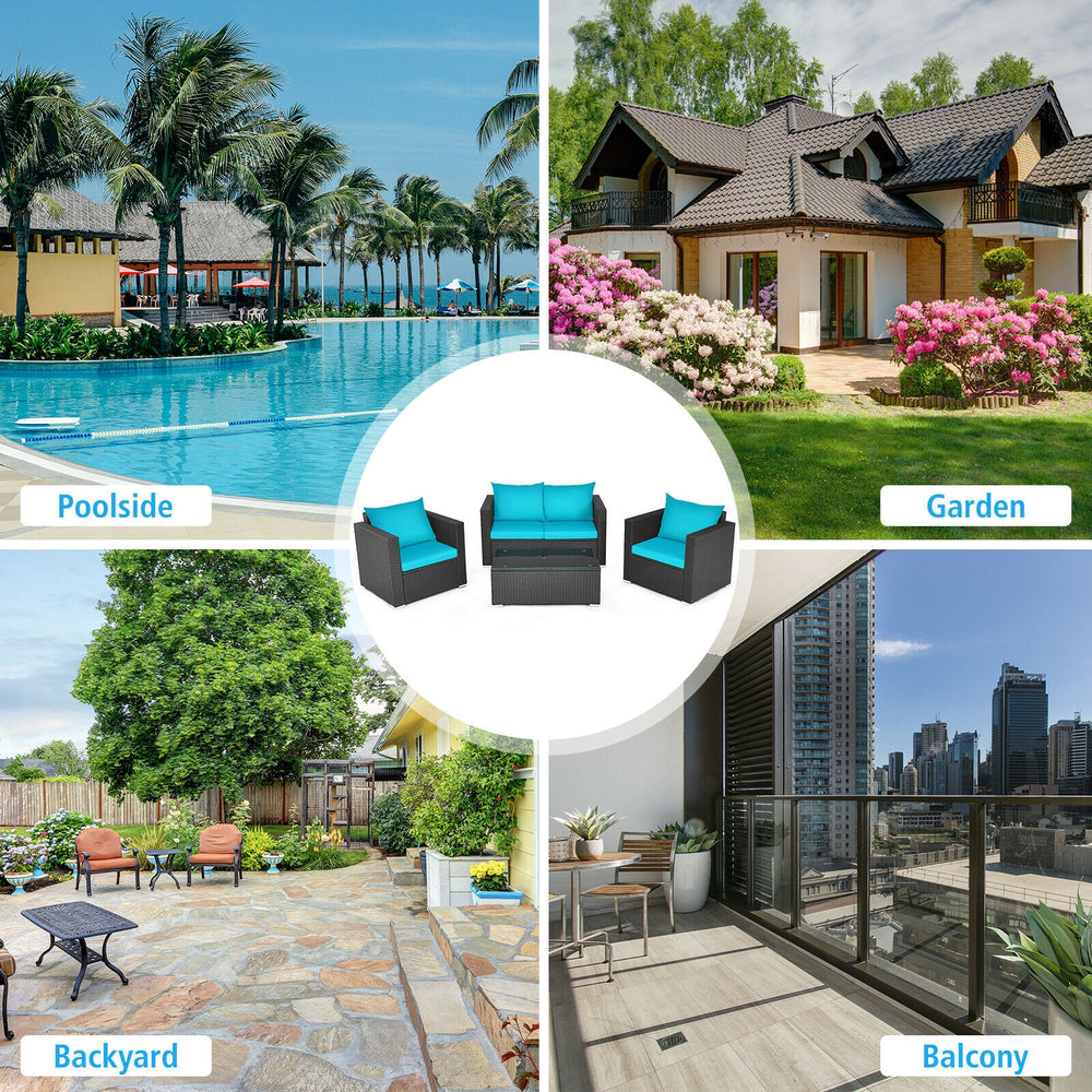 Turquoise cushioned patio rattan furniture set with a coffee table, ideal for gardens, balconies, and poolside.