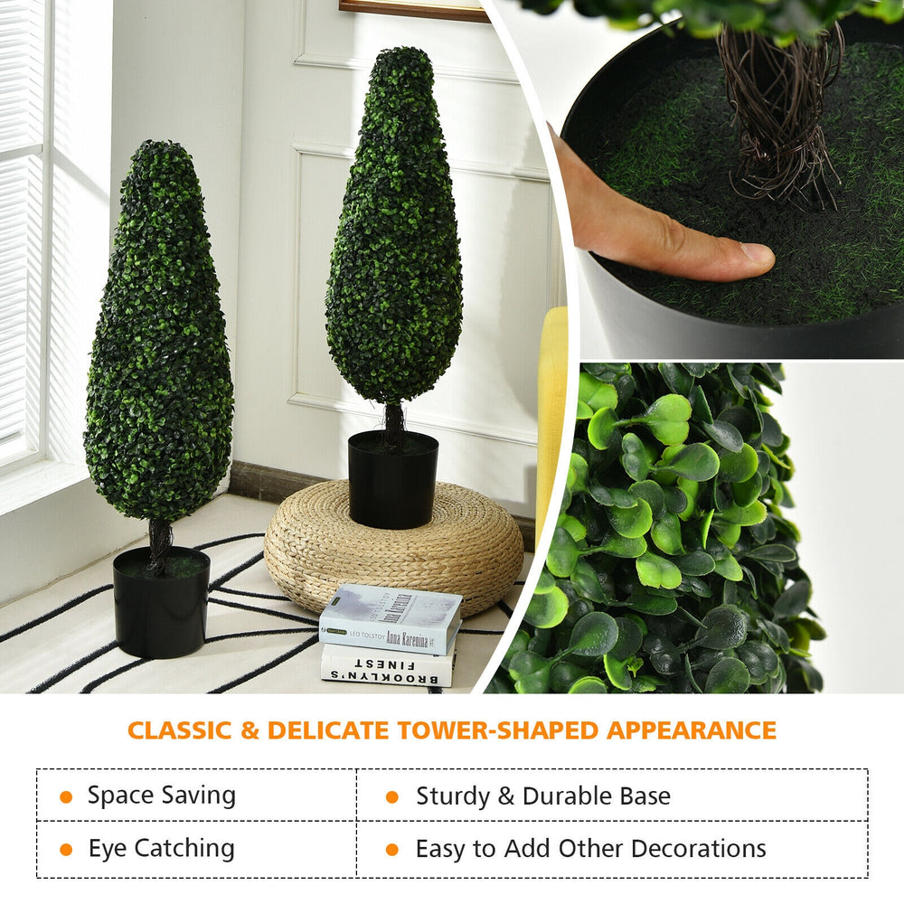 Two 3-foot artificial tower topiary trees with UV-resistant leaves, perfect for indoor or outdoor decoration.