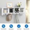 Wall-mounted storage cabinet with four compartments and five hooks, made of sturdy density board for entryway.