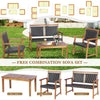 Outdoor patio rattan furniture sofa set featuring acacia wood frame, including loveseat, single sofas, and coffee table.