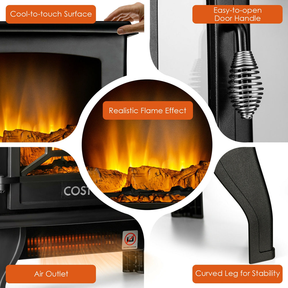 Freestanding electric fireplace heater with realistic flame effect, adjustable thermostat, and cool-to-touch surface.