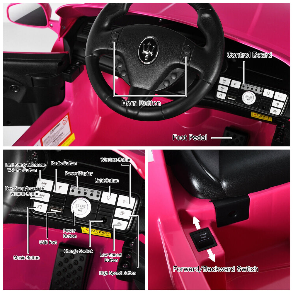 Control board of the pink 12V kids ride-on Maserati car featuring buttons for lights, music, and speed settings.