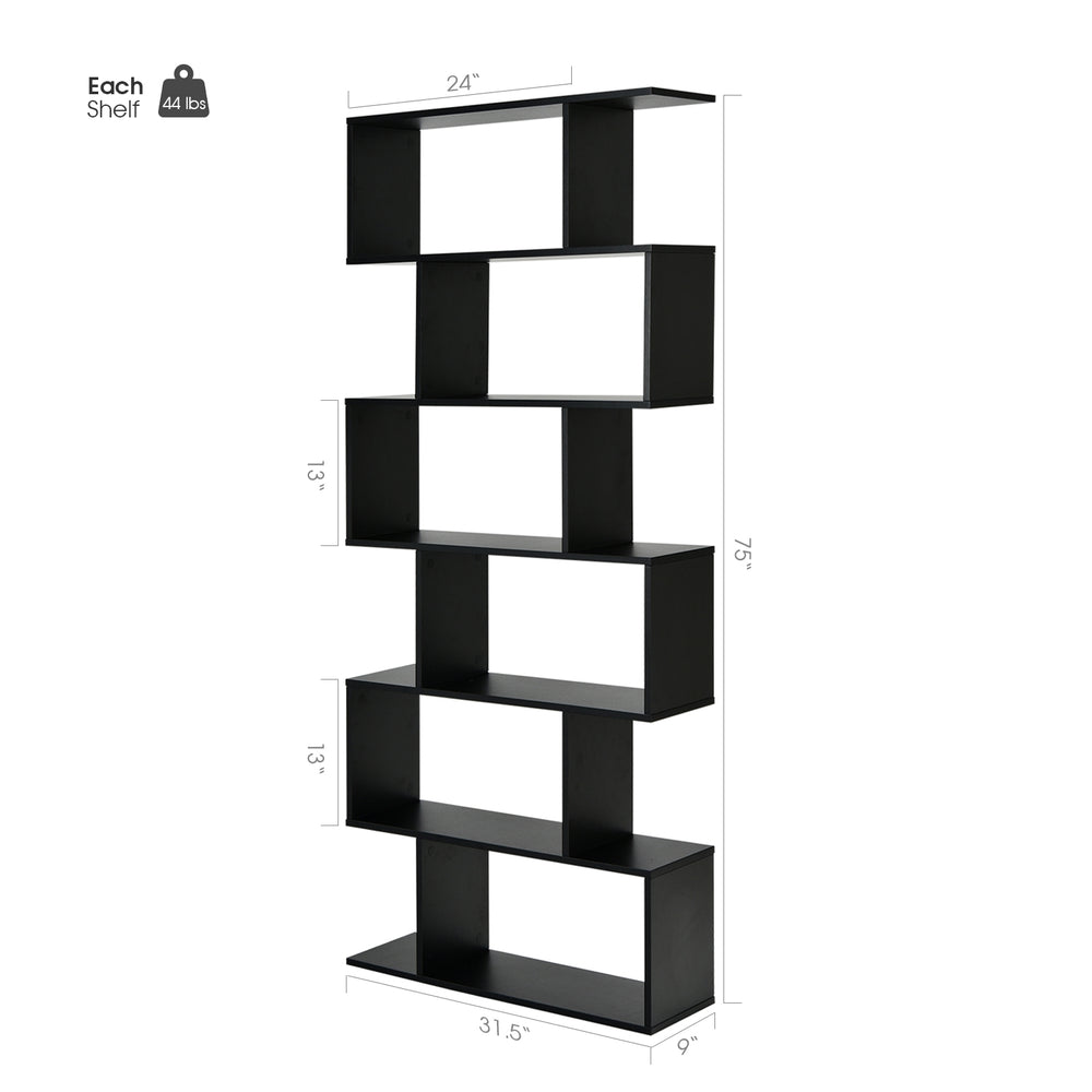 S-shaped black 6-tier bookshelf with spacious open compartments for stylish storage and display in any room.