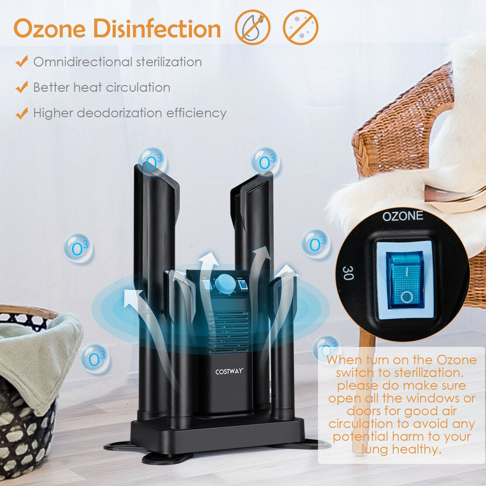 Electric shoe dryer with ozone disinfection, drying 4 shoes simultaneously, featuring a 180-minute timer for.