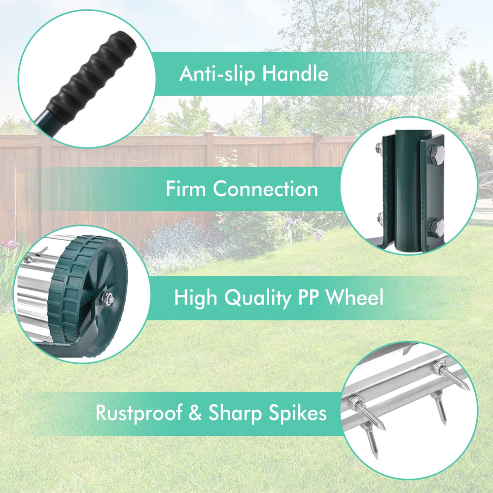 18-inch rolling lawn aerator with anti-slip handle, sharp spikes, and lightweight design for efficient lawn care.