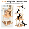 6-tier wooden cat tree with sisal posts and condo, offering spacious platforms for climbing and resting.