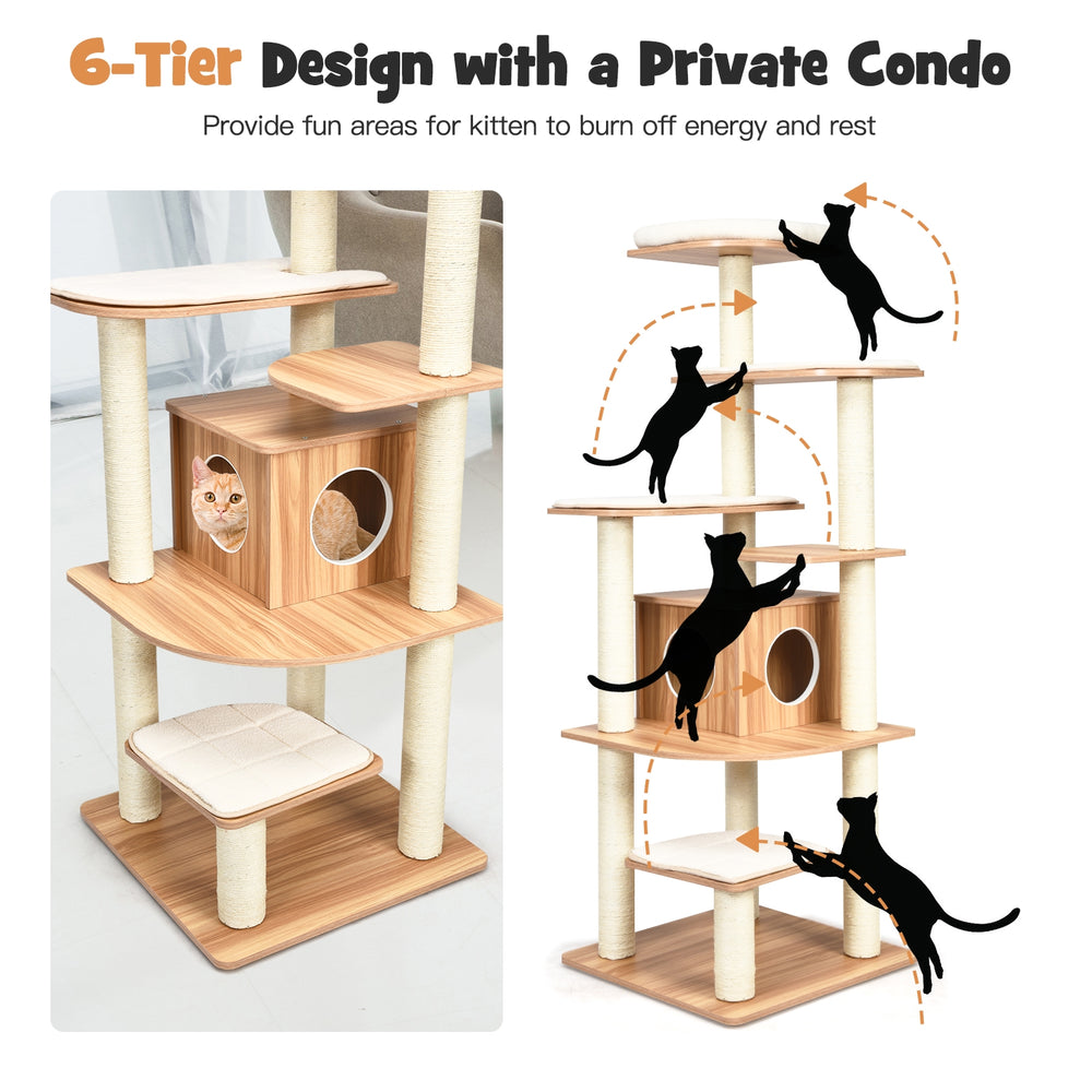 6-tier wooden cat tree with sisal posts and condo, offering spacious platforms for climbing and resting.