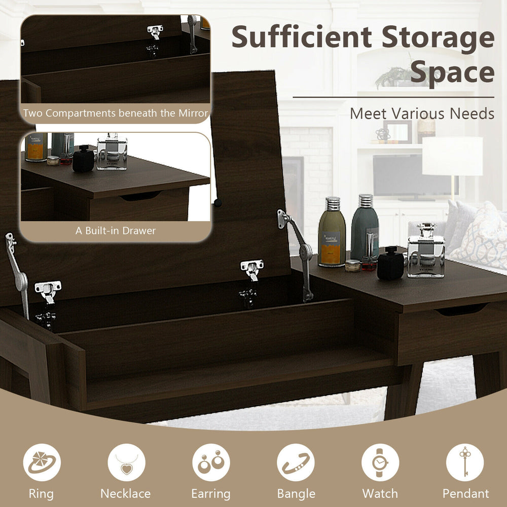 Dressing table with flip mirror, featuring a storage drawer and two compartments for organized makeup and accessories.