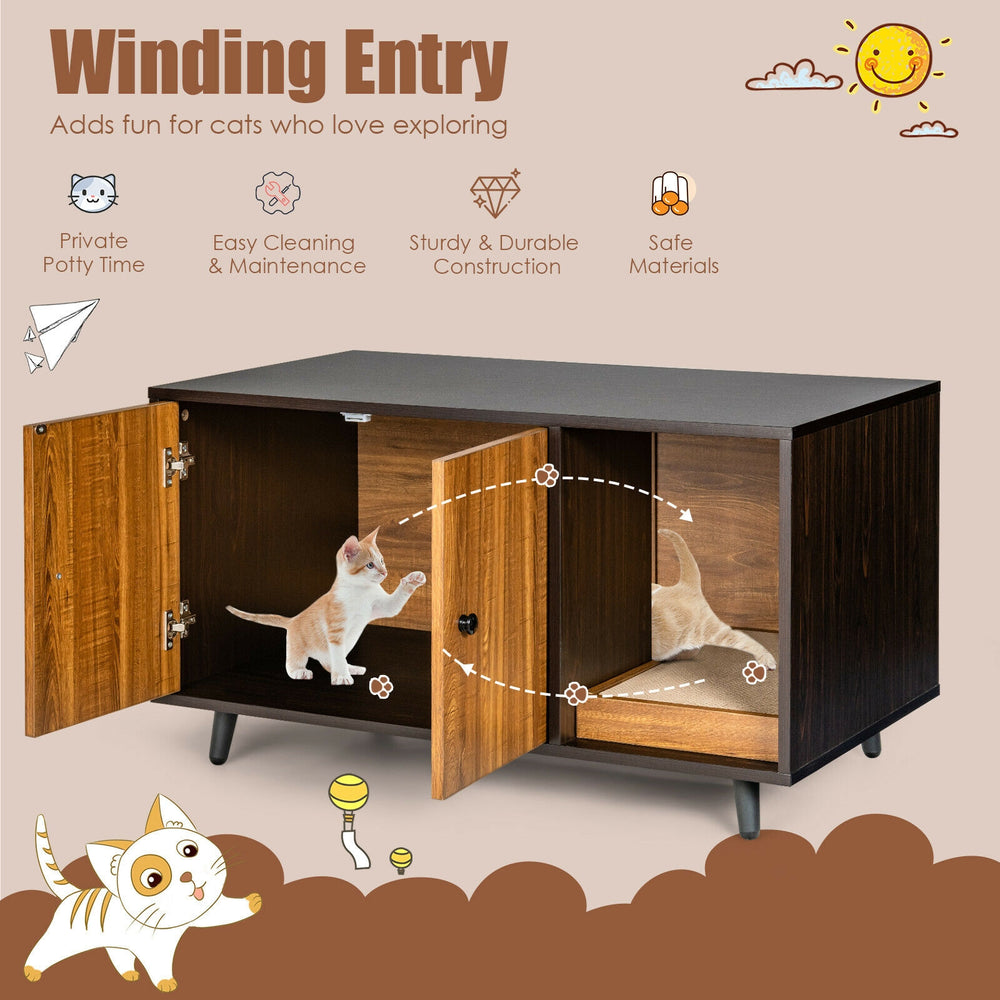 Cat litter box enclosure with double doors and divider, made of durable MDF, perfect for private potty space and home.