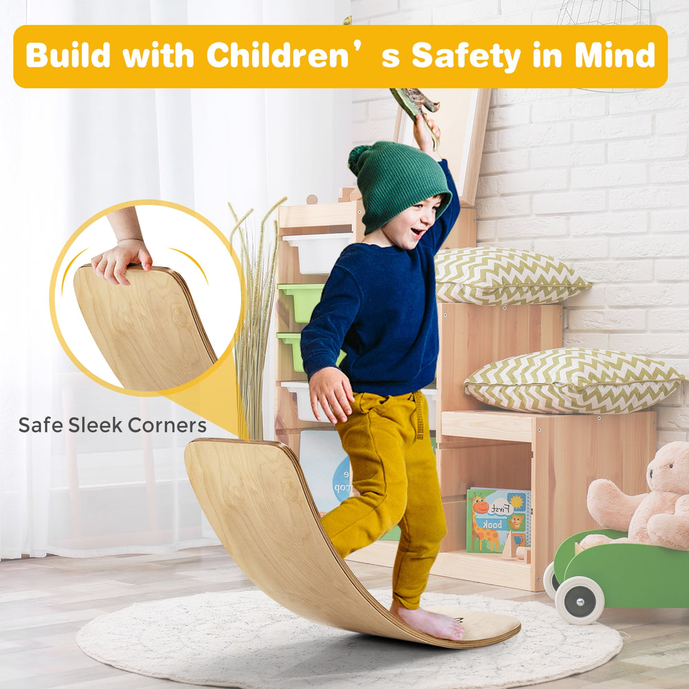 Curved 12-inch wobble board made of natural birch wood, designed for balance training and safe play for children and.