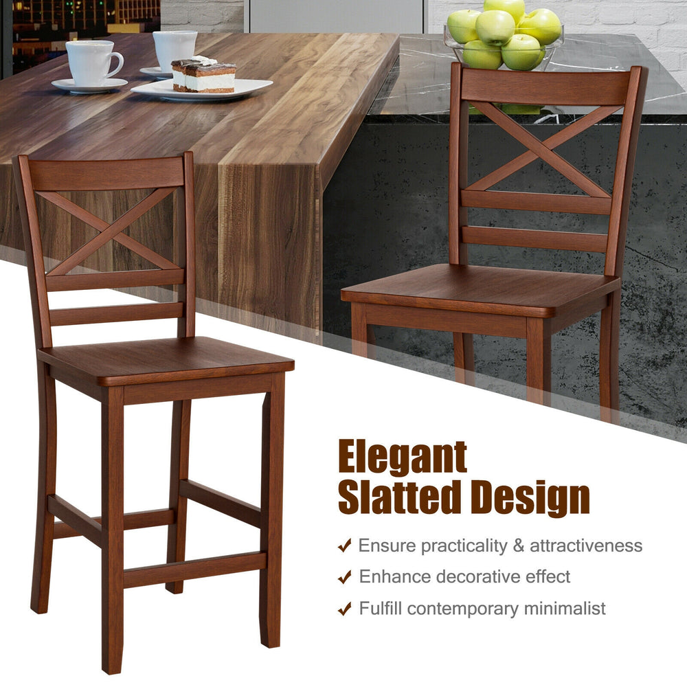 Counter height bar stool with X-shaped backrest, rubber wood legs, and ergonomic design for comfort and stability.