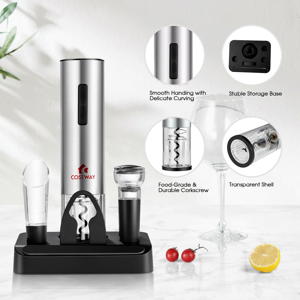 6-in-1 electric wine bottle opener set showcasing the stable storage base and transparent shell for organized elegance.