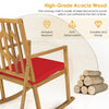 Acacia wood rocking chair with red cushion, featuring sturdy design and comfortable armrests for outdoor relaxation.