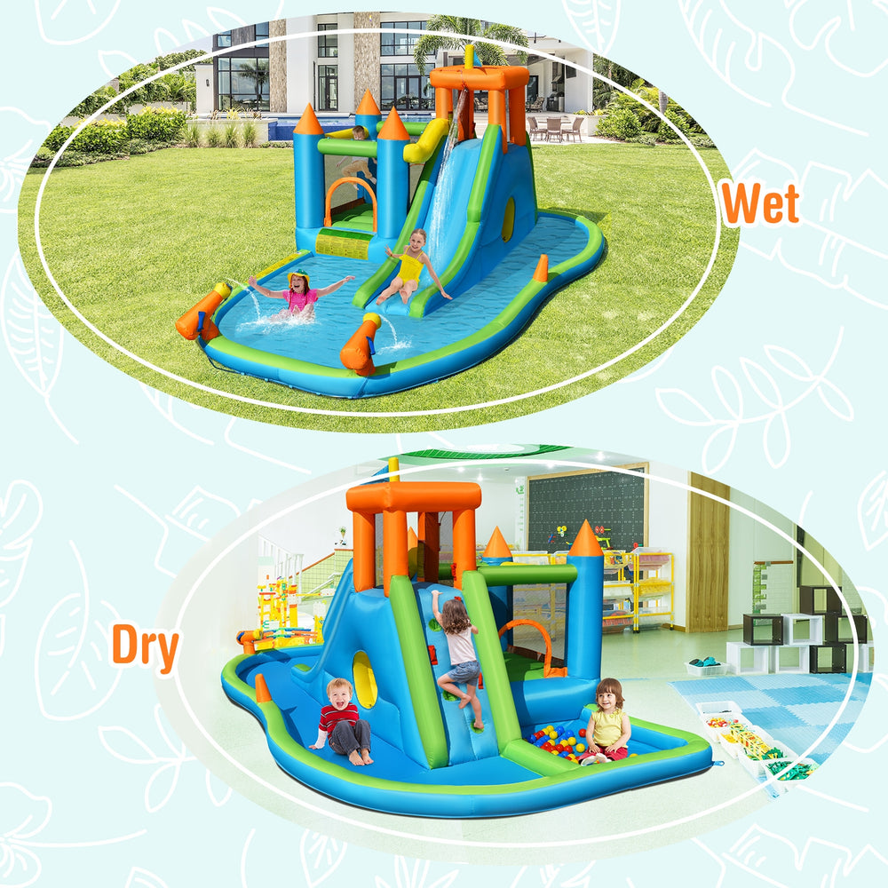 Inflatable water slide with bounce house, featuring a climbing wall and ocean ball pit for versatile play experiences.