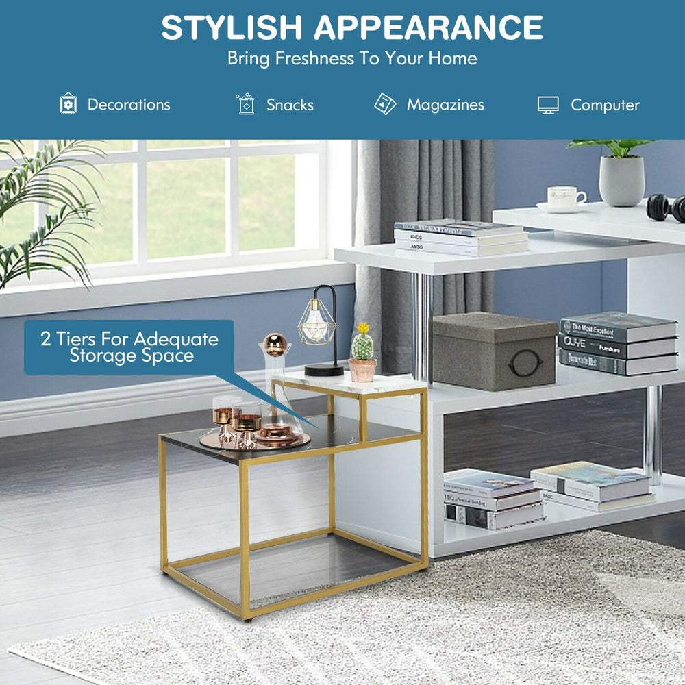 2-tier end side table with metal frame and marble pattern, ideal for living room storage and elegant decor.