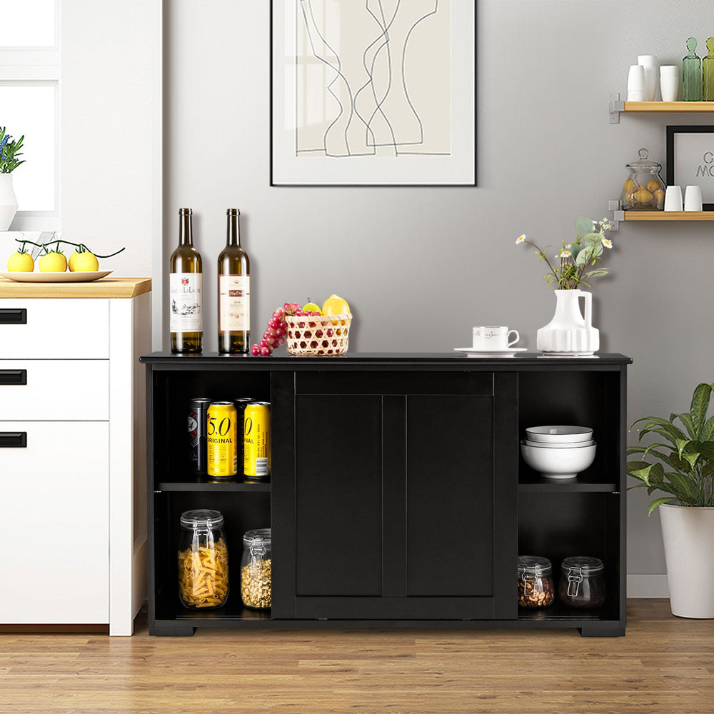 Black kitchen storage cupboard cabinet with sliding doors, featuring spacious top and shelves for organized storage.