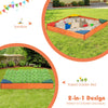 Kids outdoor wooden sandbox with built-in corner seating, made of cedar and pine, perfect for ages 3 to 8.