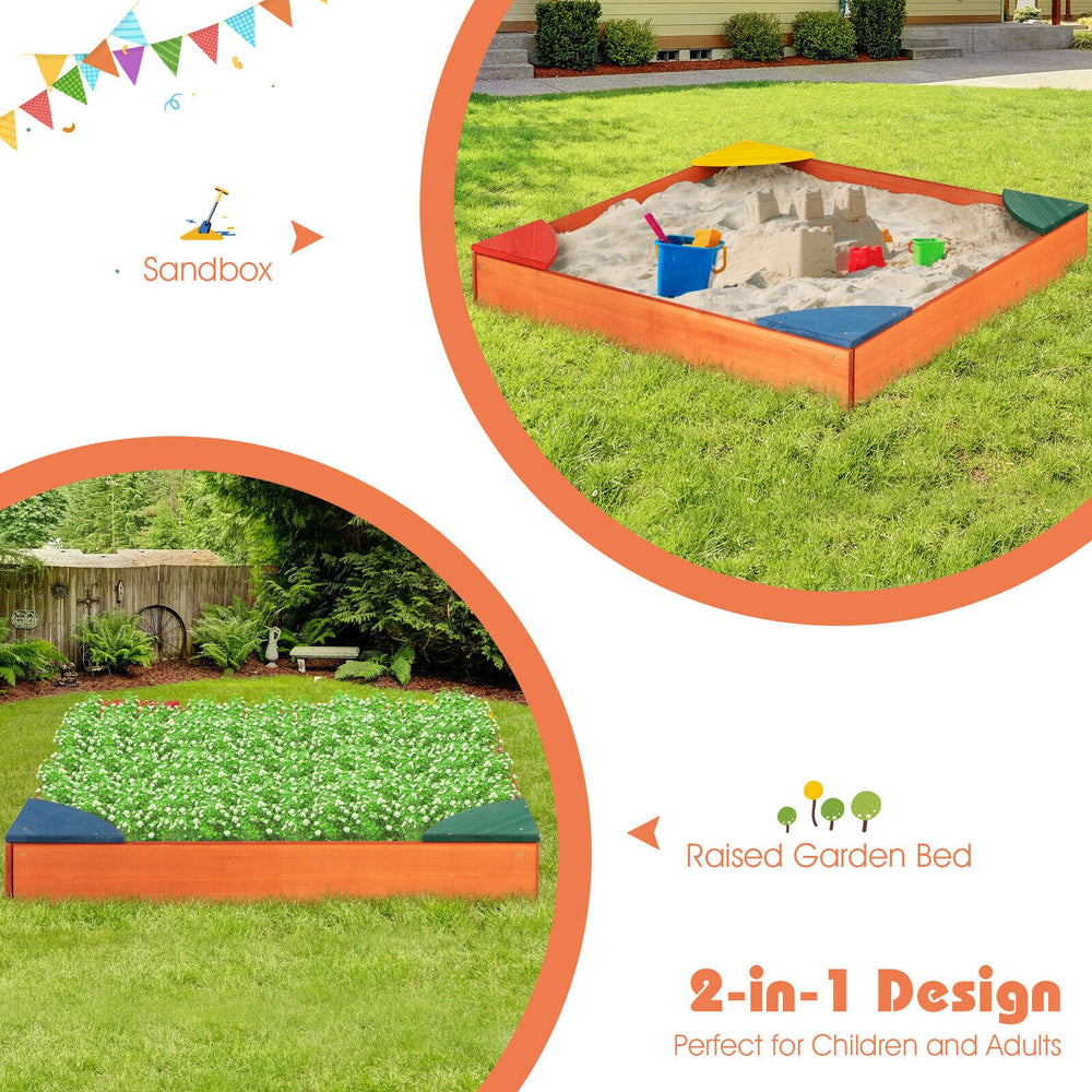 Kids outdoor wooden sandbox with built-in corner seating, made of cedar and pine, perfect for ages 3 to 8.