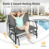 Gray iron patio rocking chair for two, featuring a sturdy metal frame and smooth gliding motion for outdoor relaxation.
