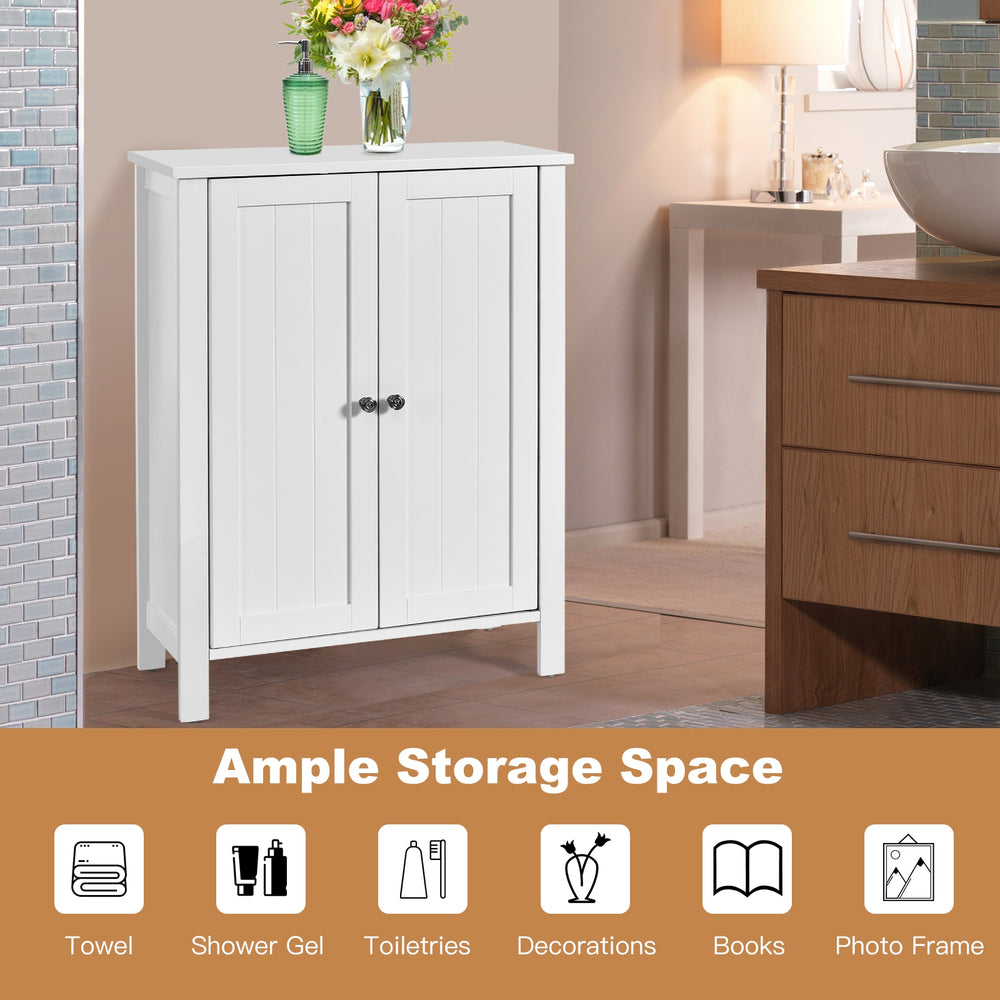White 2-door bathroom storage cabinet with adjustable shelves, ideal for towels and toiletries, suitable for various.
