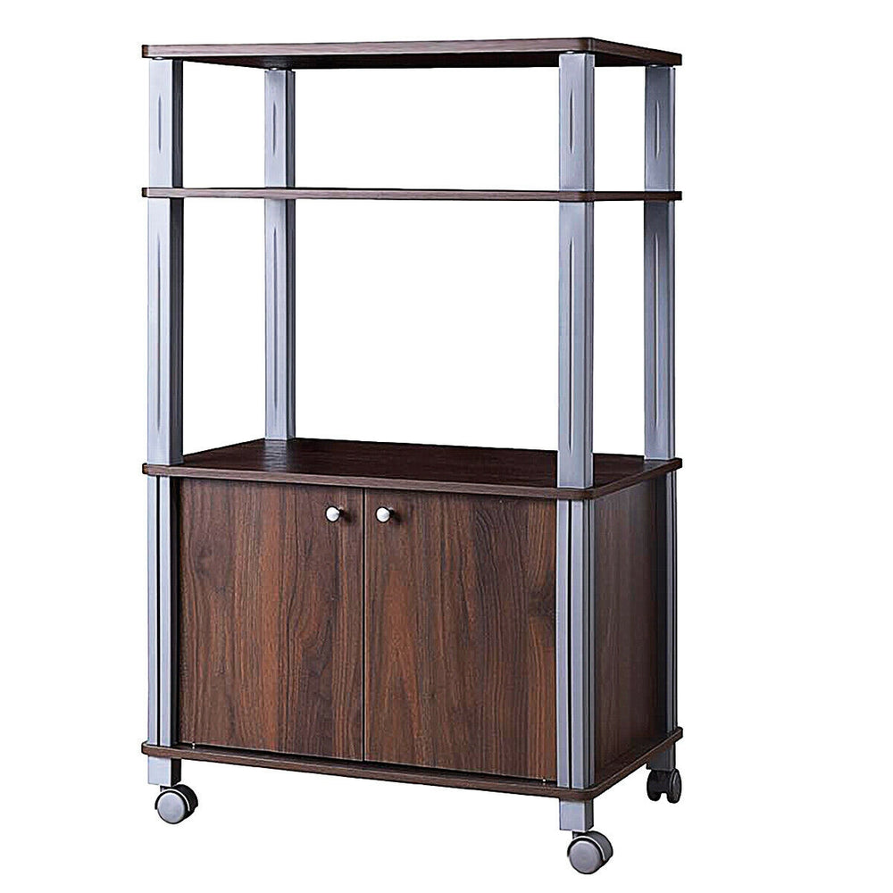Walnut microwave rack stand showcasing sturdy construction with caster wheels for easy mobility and versatile kitchen.