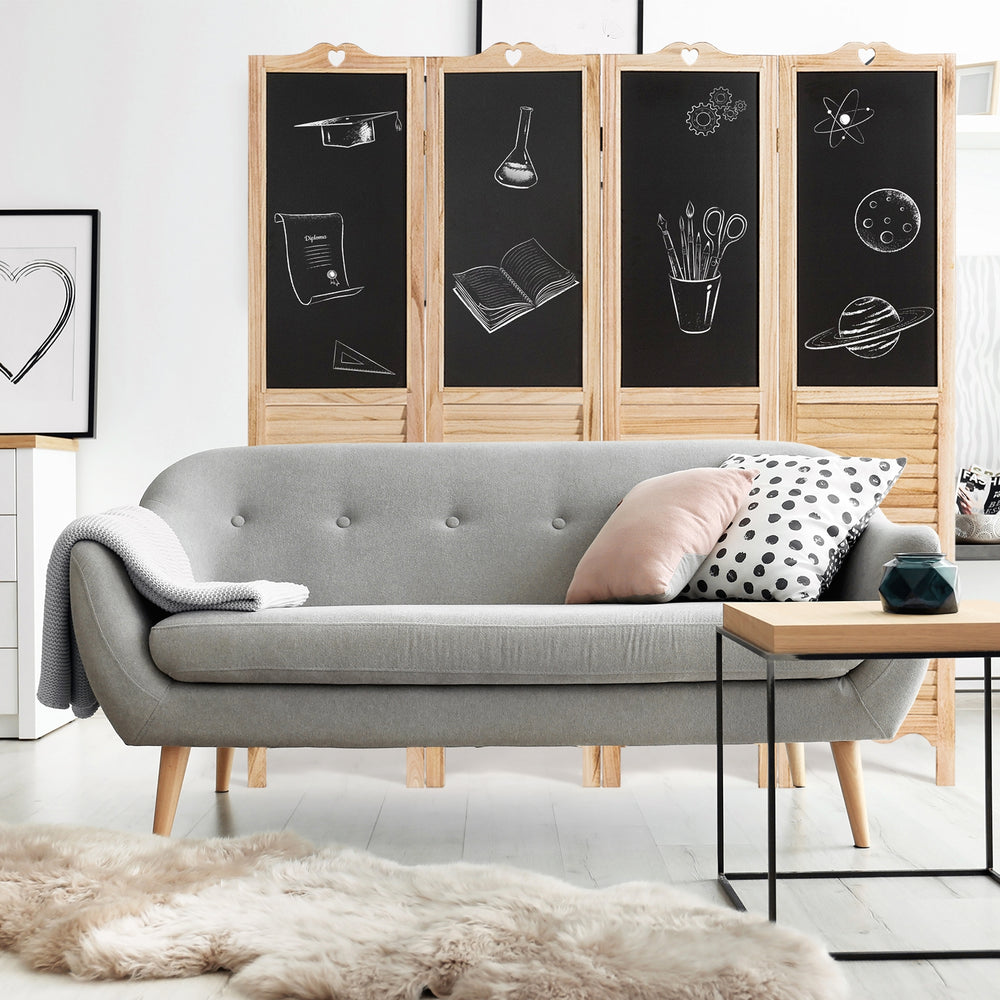 4-panel folding room divider screen with chalkboard surface, made of solid wood, ideal for living room or office use.