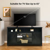 59-inch black TV stand with barn door, suitable for TVs up to 65 inches, featuring ample storage and cable management.