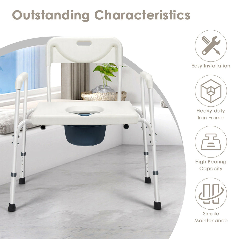 Close-up view of the 3-in-1 bedside commode's large seat plate and removable bucket for easy cleaning and maintenance.