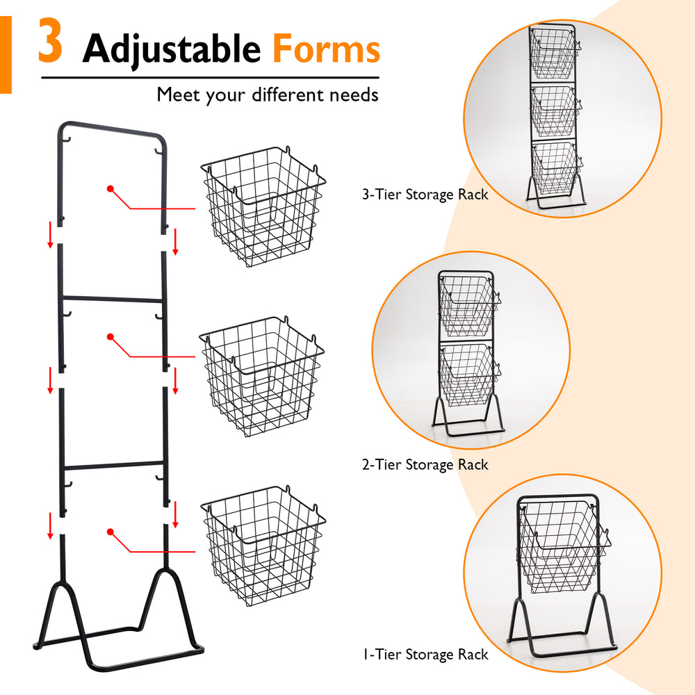 3-tier fruit basket stand with adjustable heights, featuring removable wire baskets for versatile kitchen organization.