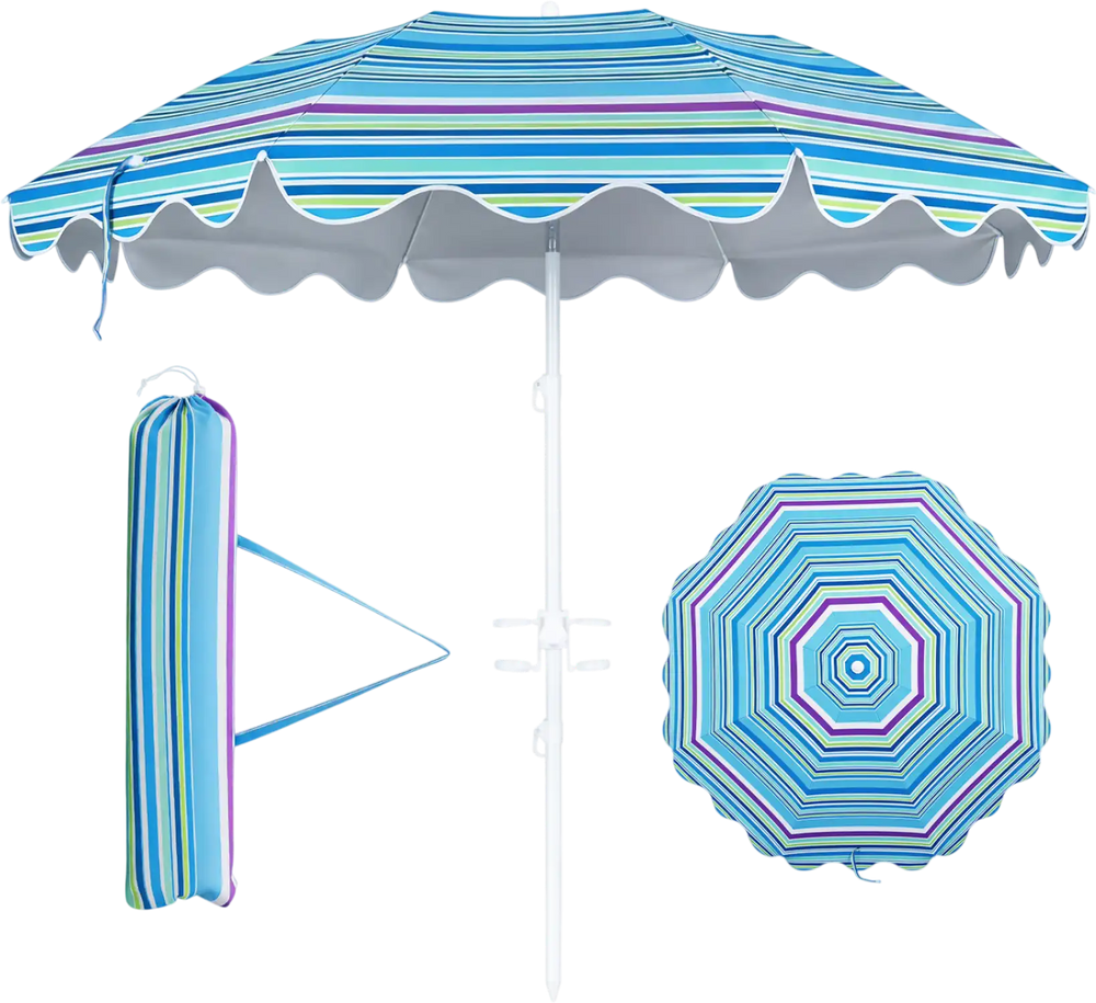 Colorful 6.5 ft beach umbrella with UPF 50+ protection, water-repellent fabric, and easy tilt mechanism for outdoor fun.