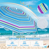 6.5 ft beach umbrella in blue with UPF50+ sun protection, water-repellent fabric, and easy tilt mechanism for outdoor use.