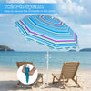 6.5 ft beach umbrella in blue with UPF 50+ protection and twist-in sand anchor, perfect for beach and outdoor activities.