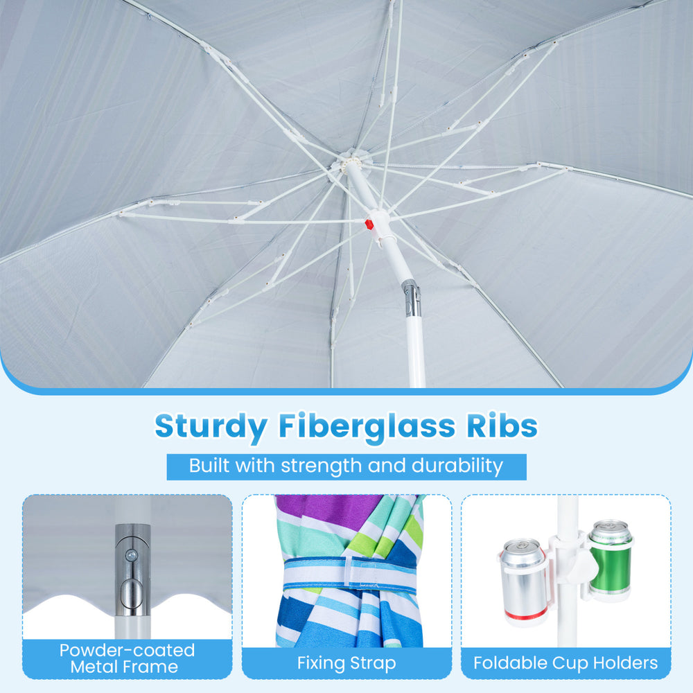 Sturdy 6.5 ft beach umbrella with UPF 50+ protection, fiberglass ribs, and foldable cup holders for outdoor enjoyment.