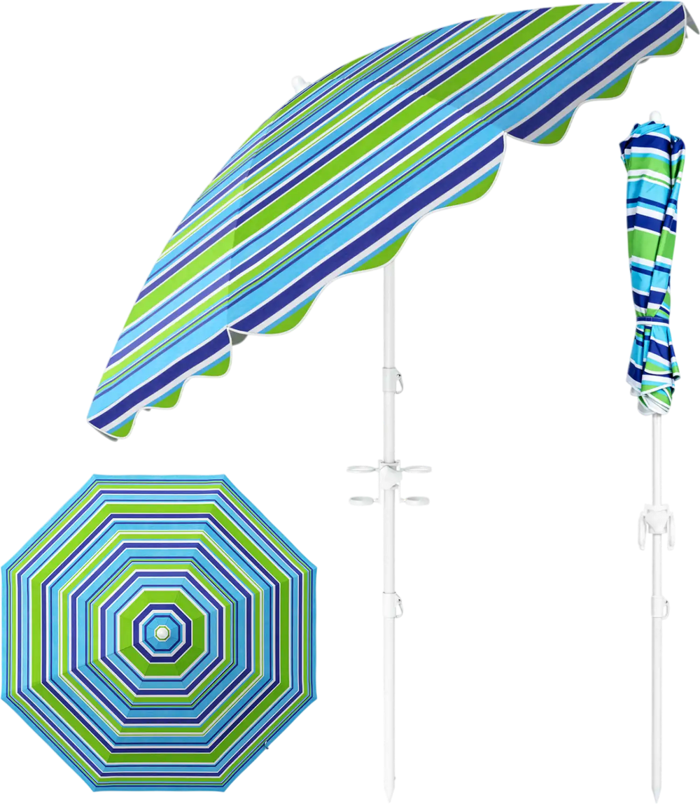 Colorful 6.5 FT beach umbrella with UPF 50+, tilt function, and sand anchor for easy setup at the garden or pool.