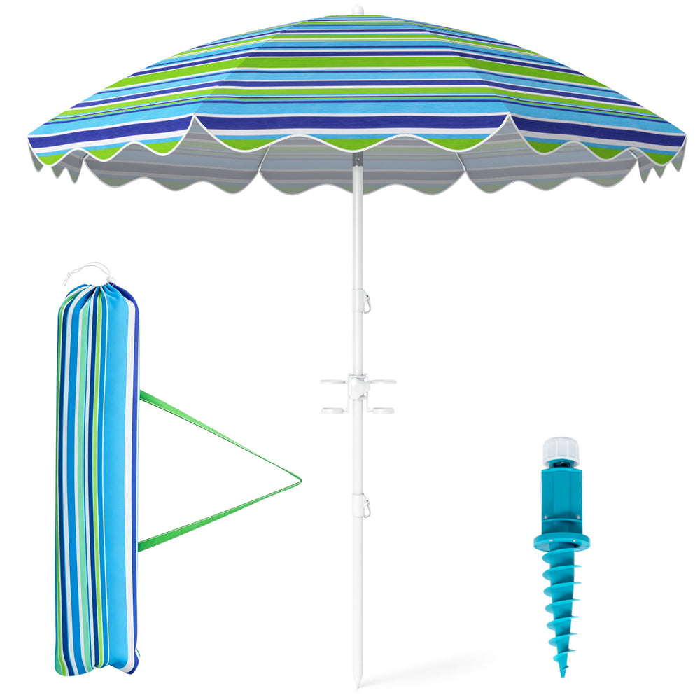 6.5 FT beach umbrella with UPF 50+ protection features a tilt function, sand anchor, and dual cup holders for convenience.