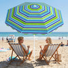 Beach umbrella with green stripes, UPF 50+, features a sand anchor and tilt function for optimal sun protection.