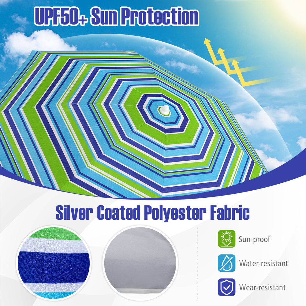 The 6.5 FT beach umbrella features a green silver-coated polyester fabric for UPF 50+ sun protection and water resistance.