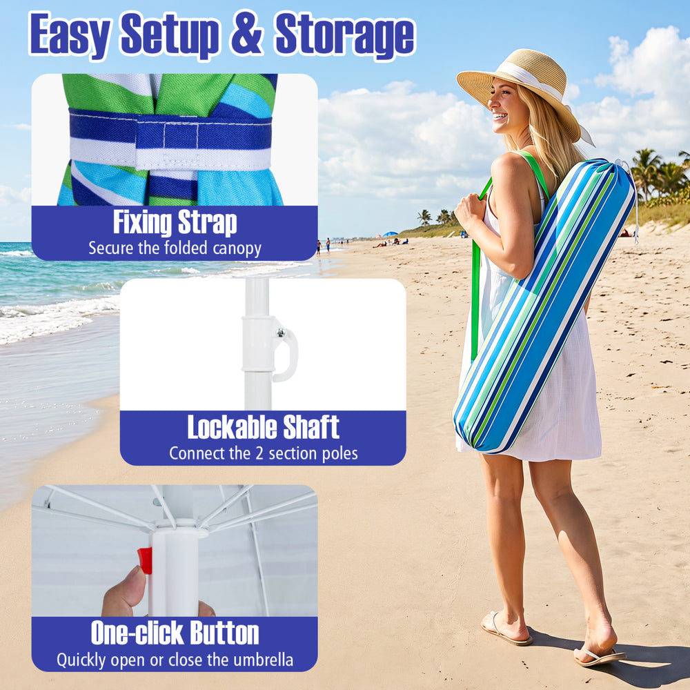 6.5 FT beach umbrella in green features a tilt function, sand anchor, and one-click button for easy setup and storage.