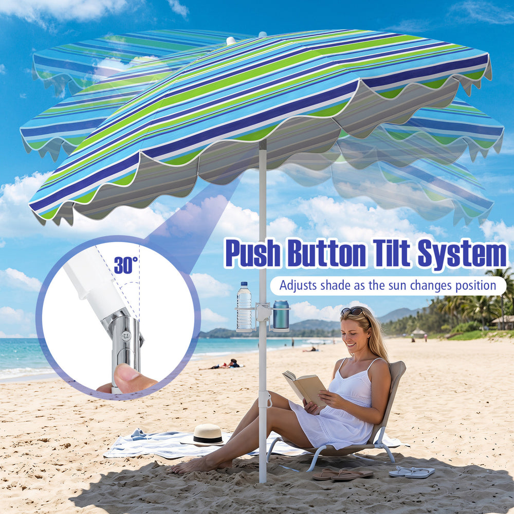 6.5 FT beach umbrella with UPF 50+, tilt function, and sand anchor, perfect for garden or poolside relaxation.