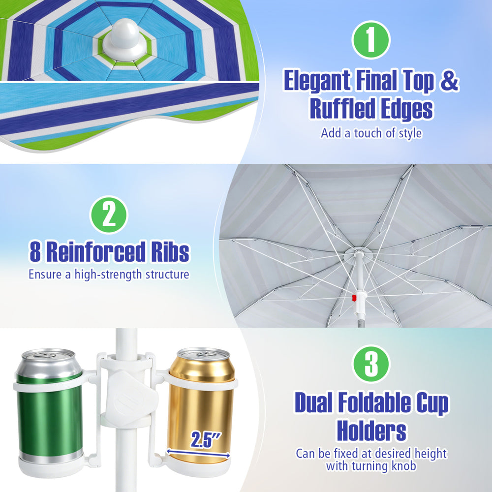 The 6.5 FT beach umbrella features a stylish finial top, 8 reinforced ribs, and dual foldable cup holders for convenience.
