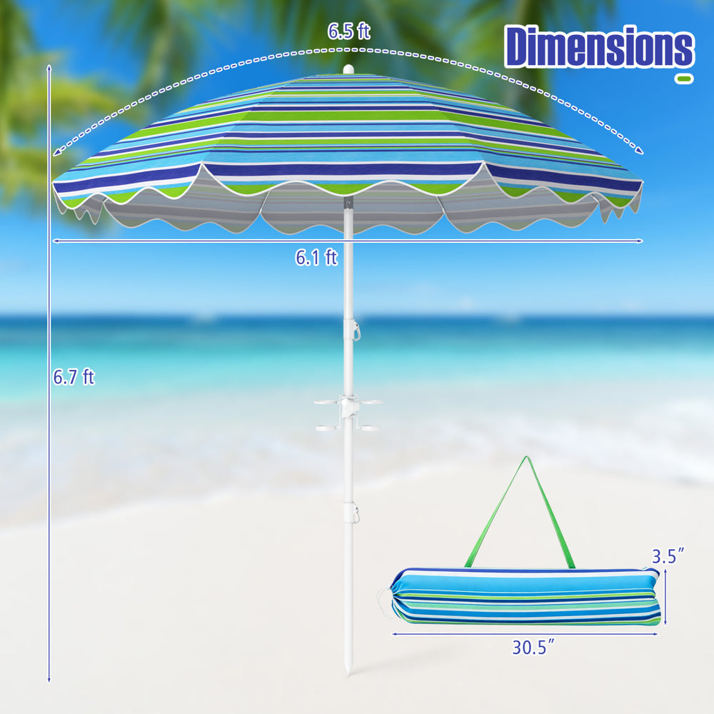 6.5 FT beach umbrella with UPF 50+ protection features a tilt function, sand anchor, and stylish ruffled edges for outdoor use.