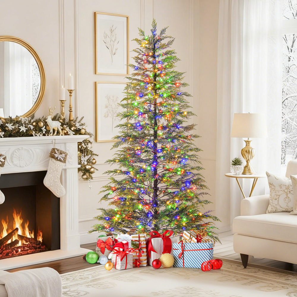 6.5 feet artificial Christmas tree with colorful LED lights and gifts, perfect for creating a festive holiday.