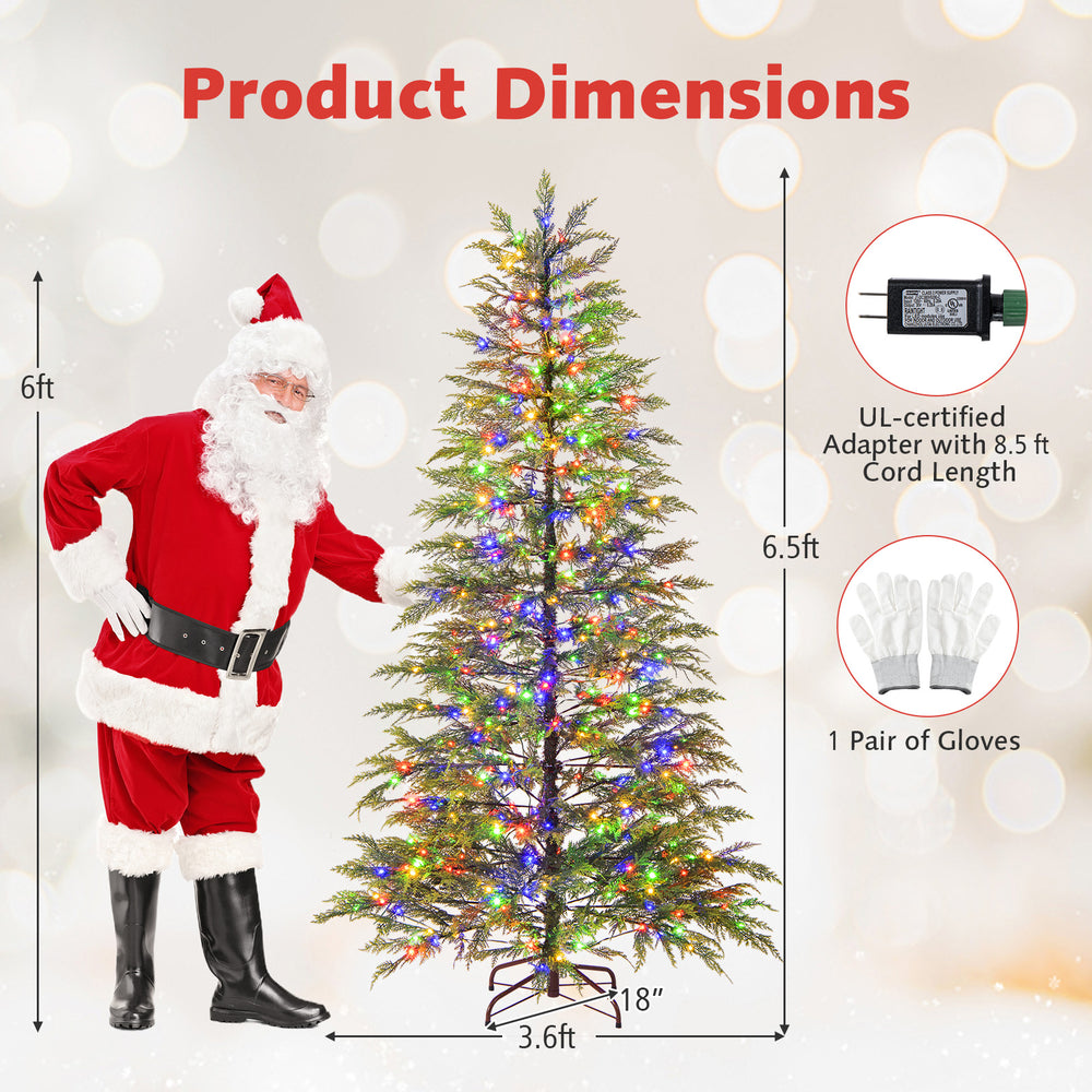 6.5 feet artificial Christmas tree with colorful LED lights, featuring 578 branch tips and a folding metal stand for.