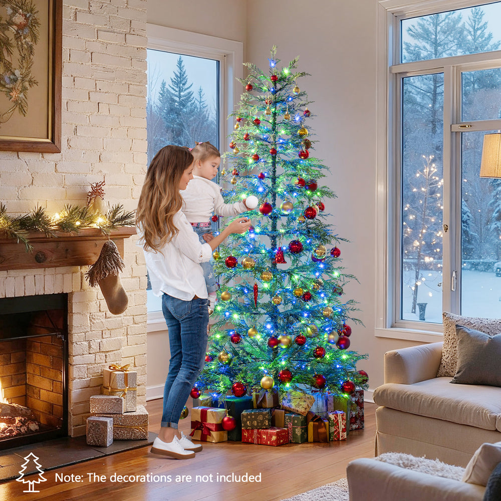 6.5 feet artificial Christmas tree with colorful LED lights, decorated for the holidays, perfect for home or office.