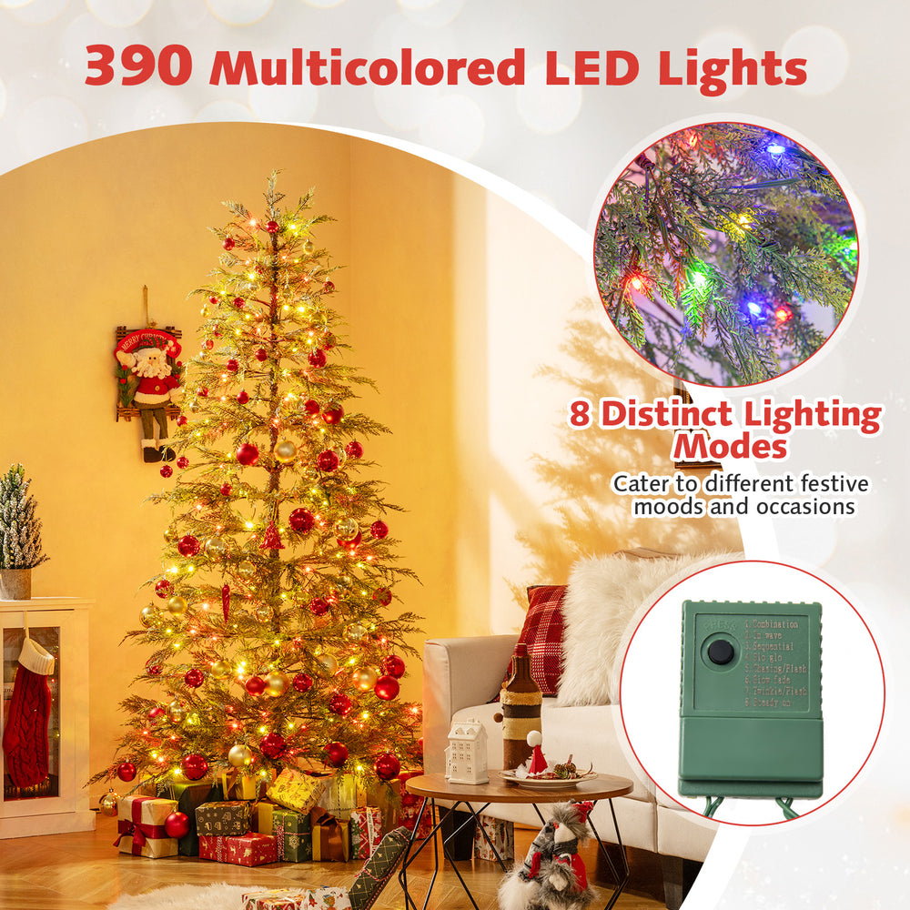 6.5 feet artificial Christmas tree with 390 multicolored LED lights and 8 lighting modes, perfect for festive.